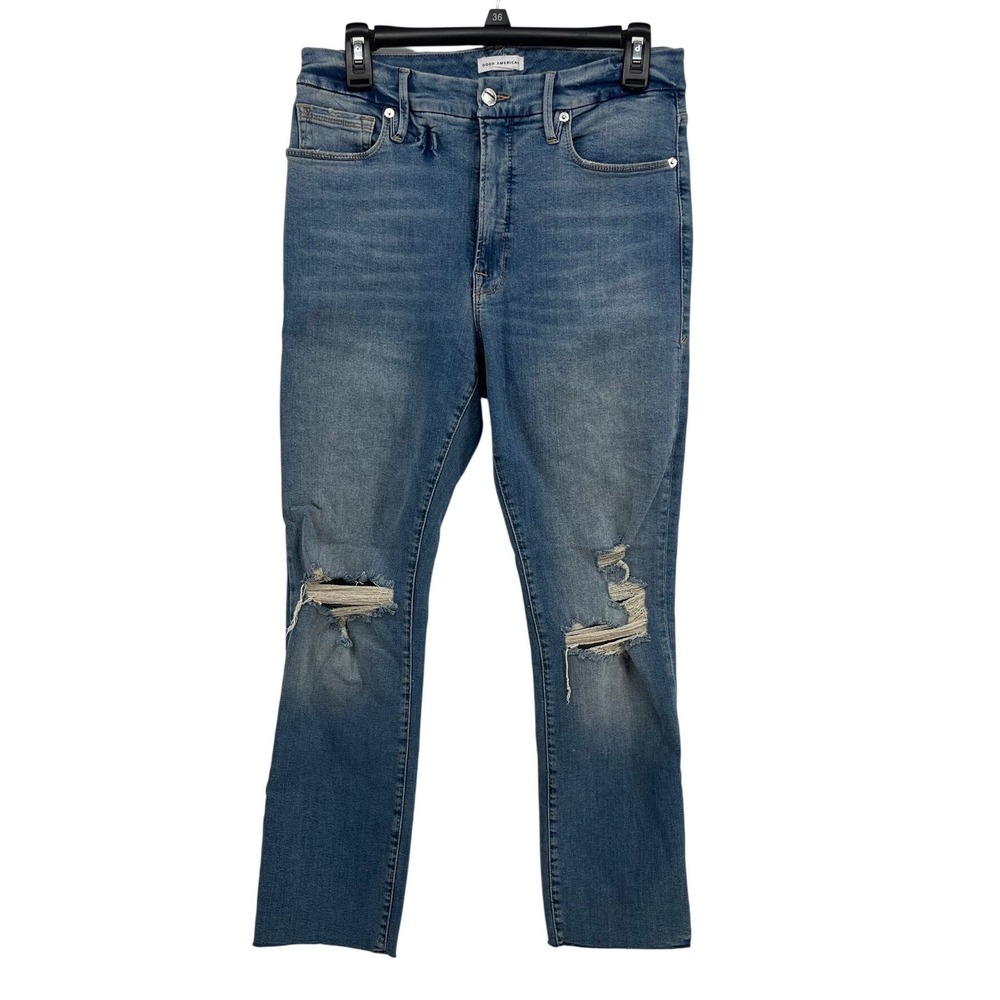 GOOD AMERICAN Women Jeans Blue Wash Distressed Straight Leg High Rise Size 10/30
